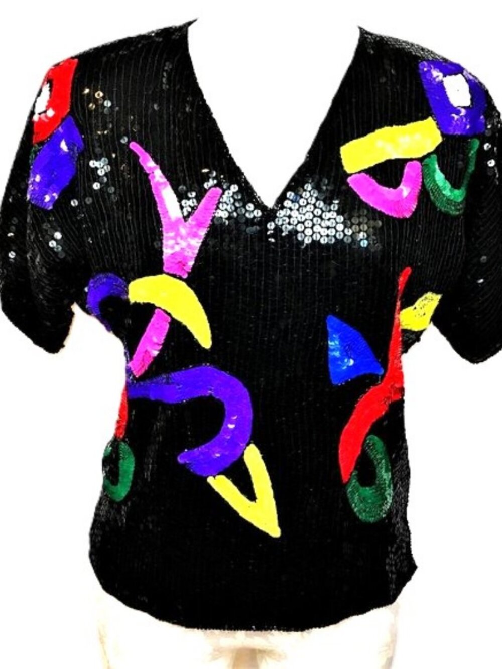 VTG 80’s Laurence Kazar Pop Art Black Multi Clr Sequin Top Sz Sml EUC